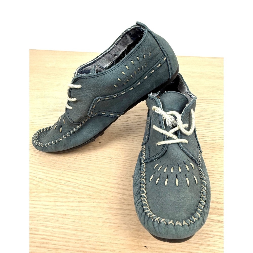 Hush Puppies Leather Lace Up Shoes Size 7.5B Blue Moccasin Style Stitch‎ Detail